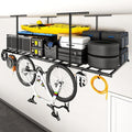 FLEXIMOUNTS 4x8 Overhead Garage Storage Rack with 6 Hooks, Adjustable Storage Organization System, Heavy-Duty Metal Ceiling Racks, 22.6" -39.4" Ceiling Dropdown, Black, Lite Series