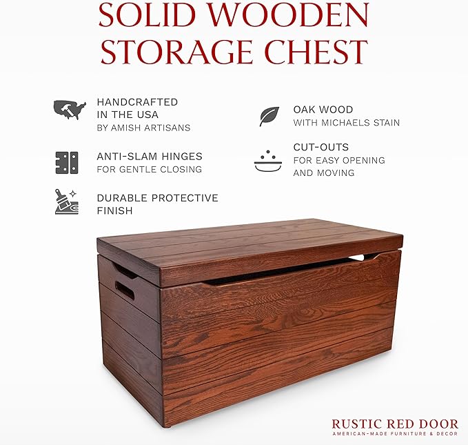 Amish Made Wooden Storage Chest Trunk Box with Lid and Handles for Bedroolanket, Clothes, Anti-Slam Hinges, Handmade, Rustic, Oak Wood, Michaels Stain, 30"