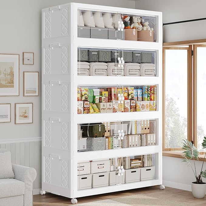 1100QT Extra Large Stackable Storage Bins with Lid, 275Gal Collapsible Closet Organizer Box with Wheels, Folding Plastic Storage Cabinet with Doors for Home Kitchen Office Dorm, 5Pack White