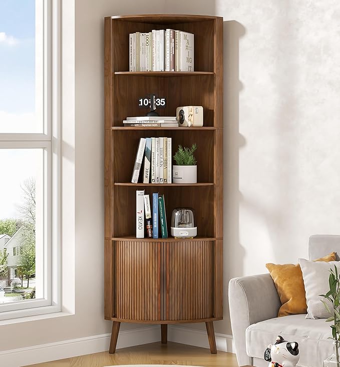 Corner Cabinet, 66.73'' Tall Modern Corner Bathroom Storage Cabinet with 2 Fluted Doors and Shelves, Home Space Saver for Kitchen, Living Room, Study Room(Walnut, 66.73''H)
