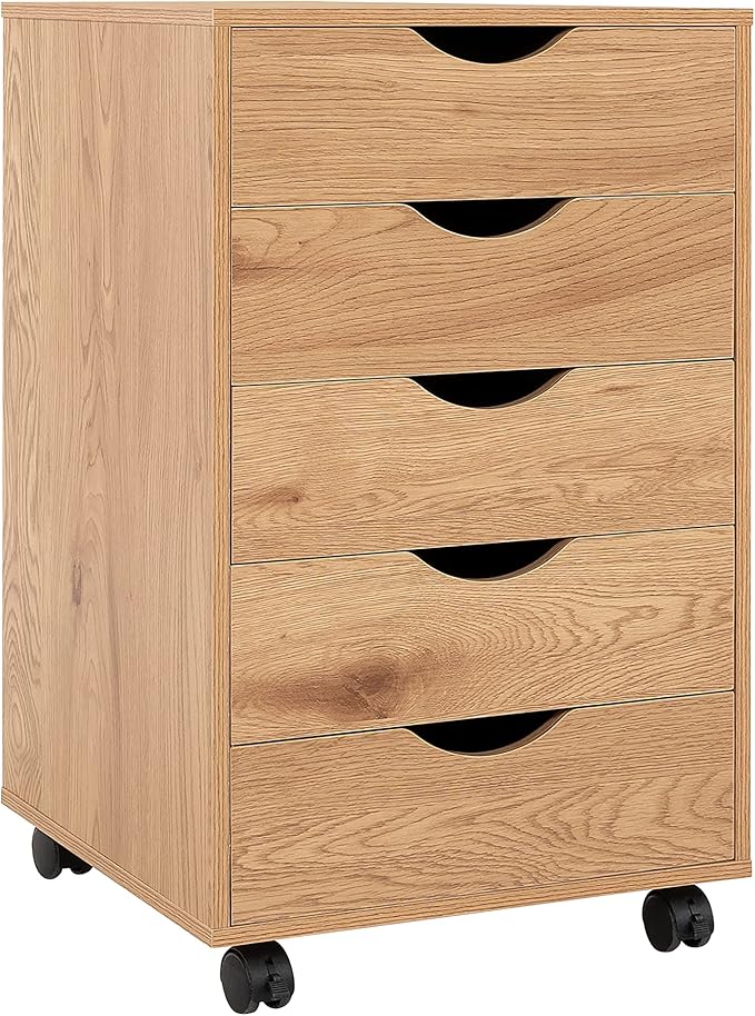 Naomi Home Taylor 5 Drawer Chest, Wood Storage Dresser Cabinet with Wheels, Craft Storage Organization, Makeup Drawer Unit for Closet, Bedroom, Office File Cabinet 180 lbs Total Capacity - Natural
