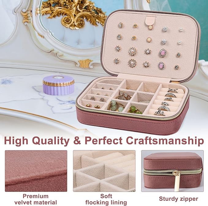Dajasan Velvet Jewelry Box, Small Travel Jewelry Case, Portable Travel Jewelry Organizer Box for Women Girls (Pink)