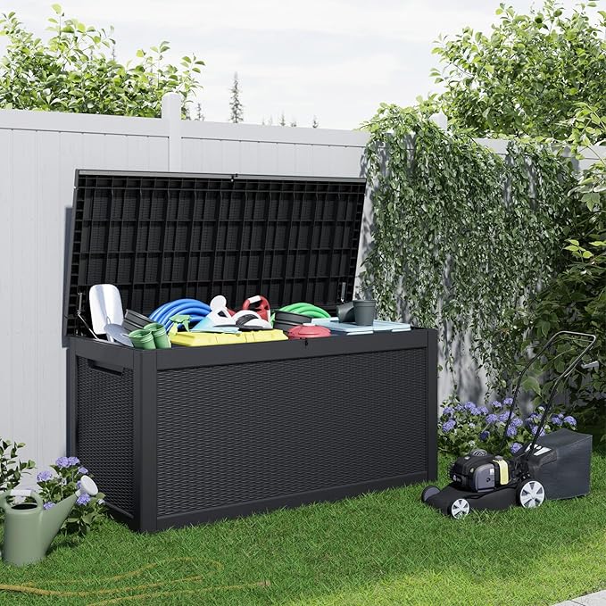 320 Gallon Resin Deck Box, Lockable Patio Outdoor Storage Box for Furniture, Garden Tools and Tools Storage, Waterproof Outside Storage Boxes - Black