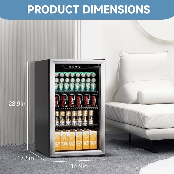 Beverage Refrigerator Cooler, 105 Can Mini Fridge Glass Door for Drinks Soda, Beer, or Wine - Small Refrigerator for Office Bedroom Home Bar, Adjustable Shelves, 3.0 Cu.Ft, Silver