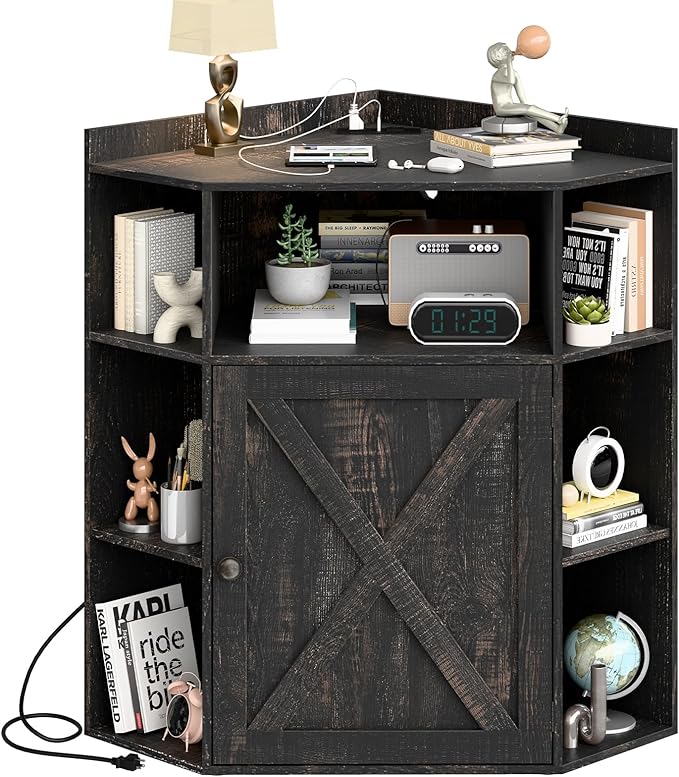 Corner Storage Cabinet, Farmhouse Corner Bookshelf with Storage 6-Cubby Wooden Cabinet with USB Ports and Outlets Industrial Organizer for Small Space, Study, Playroom, Living Room