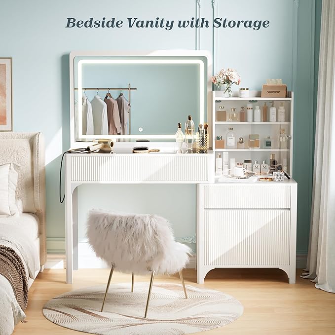 PRAISUN 55'' Large Makeup Vanity Desk with 35.4'' LED Mirror & Power Outlets, Painted Surface White Vanity with Glass Top, 3 Drawers and Cabinet, Fluted Big Vanity Table