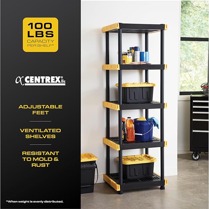 BLACK & YELLOW, 5-Tier Heavy Duty Plastic Storage Shelving Unit, 100lbs/shelf (72H x 24W x 20D), for Indoor/Outdoor Organization, Modular Rack
