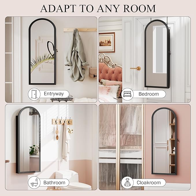 47in Tall Jewelry Cabinet Organizer, Arched Wall or Door Mounted Jewelry Armoire with Full-Length Mirror, 6 LEDS Lockable Hanging Mirror Cabinet with Storage, 2 Drawers, Women Girls Gifts,Black