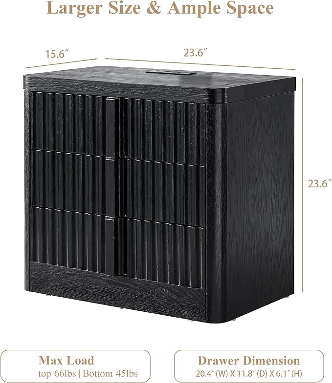 Black 23.6" Nightstand with Charging Station, Side Table with 3 Storage Drawers, Mid Century Modern Night Stand with Solid Wood Handle, Bedside End Table for Bedroom, Living Room, Closet