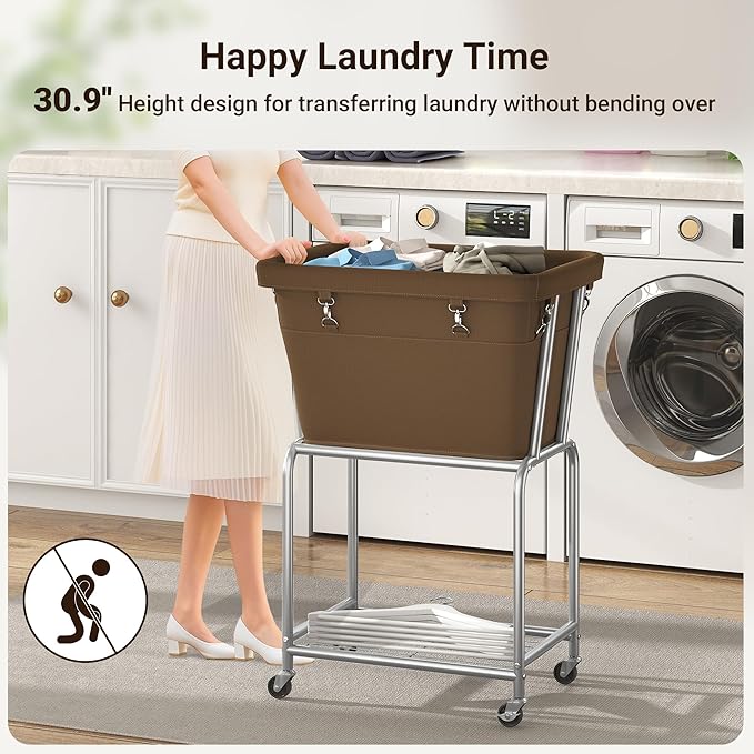 ELYKEN Laundry Cart with Wheels, Rolling Laundry Hamper with Removable Bag and Shelf, Metal Frame Laundry Basket with 4 Casters and 2 Brakes, Ideal for Bedroom, Bathroom, Laundry Room, Camel Brown