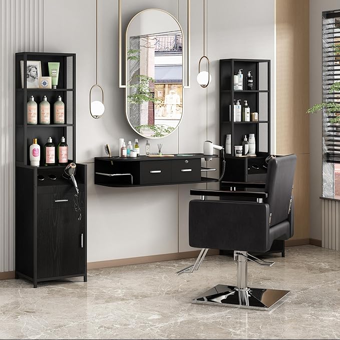 BARBsocial Reusable Salon Station for Hair Stylist, Barber Station with 3 Hot Tool Holders & Hair Storage with Shelves - Salon, Spa Furniture - Black