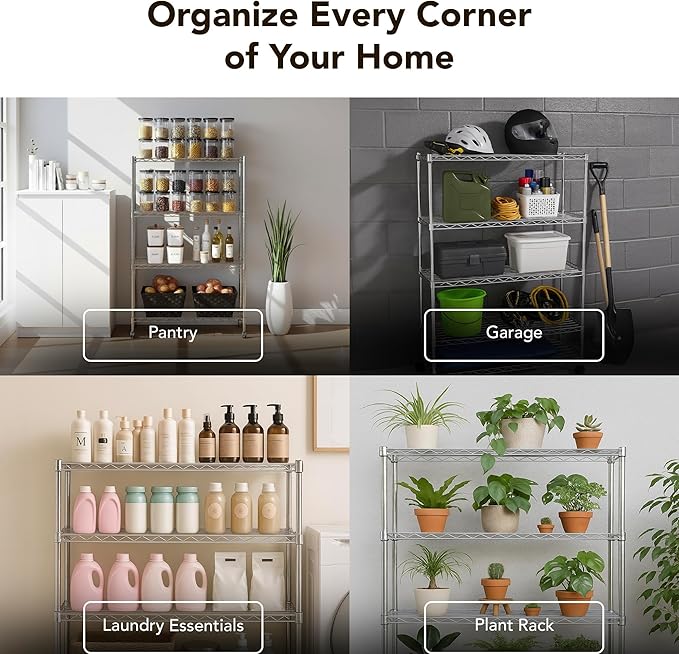 Displays By Jack 4 Tier Wire Shelving Unit Storage Rack, Metal Heavy Duty Utility Organization Units for Products Plant Standing Shelf, Pantry, Garage, Shelf Stand, Black, 14" W x 30" L X 48" H