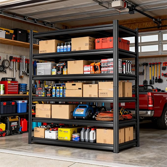 Storage Shelves, Garage Metal Shelving Unit, Adjustable, Double-Layer Column with Reinforced Ribs, Heavy-Duty, Capable of Bearing 600-3600 lbs (Black, 82 * 45 * 18, 6-Tier)