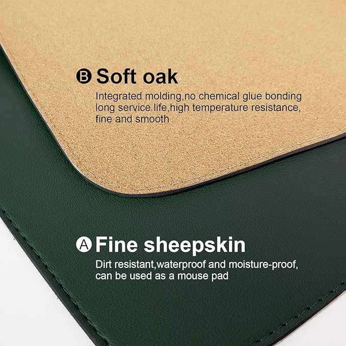 DAWNTREES Dark Green Desk Mat,Leather Desk Pad,35.5"x17",Cork Desk Mat Protector,with PU Leather Valet Tray Organizer,Large Mouse Pad,Desk Writing Pad for Office and Home
