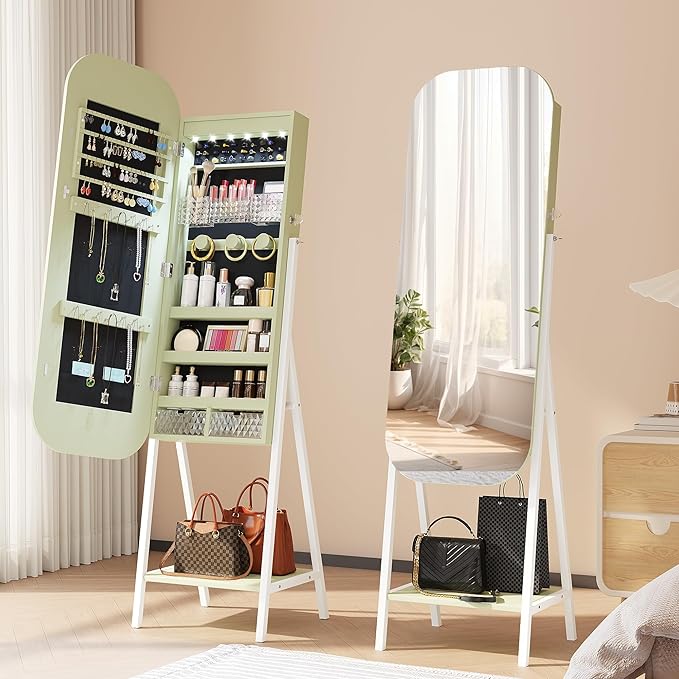 6 LED Mirror Jewelry Cabinet - Wall/Door Mounted Jewelry Armoire with Large Capacity - Lockable Tall Hanging Organizer - Cosmetic Storage & Gift Idea - Green