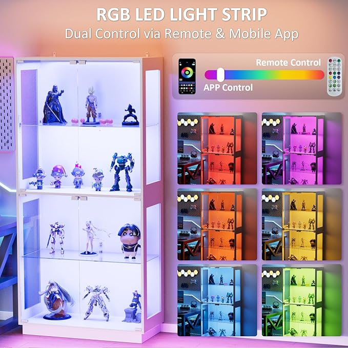Display Cabinet with Glass Doors 4 Tier Glass Display Case with RGB LED Lights Display Cases for Collectibles Adjustable Shelves Display Case, for Game Room, Living Room, Bedroom, White