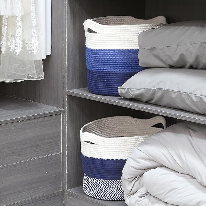 Sea Team Oval Large Cotton Rope Woven Storage Basket with Handles, Diaper Caddy, Baby Shower Basket, Nursery Nappies, Clothes Toys Organizer for Kid's Room, 16 x 13 inches, White & Mottled Navy