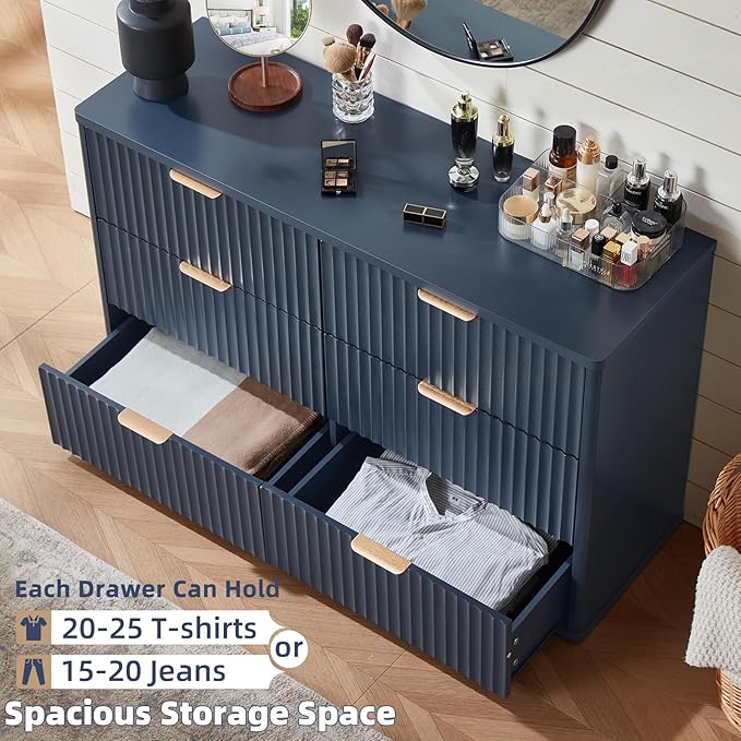 LEYAOYAO Fluted 6 Drawers Dresser Set of 2, 48" Wide Modern Chest of Drawers with Woodgrain Top, Curved Profile Design, Dresser TV Stand, Wood Drawer Organizer for Bedroom, Living Room, Hallway,Blue