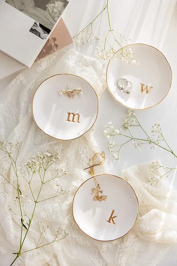 COLLECTIVE HOME - Ceramic Jewelry Tray, Decorative Trinket Dish for Rings Earrings Necklaces Bracelet Watch Keys, Birthday Mother's Day Christmas Gift for Women, 4.75", White Surface (D)