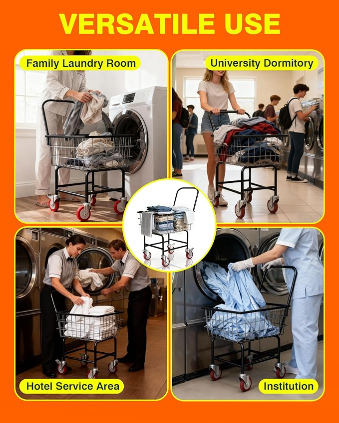 PYY Commercial Laundry Cart - 2 Bushels Heavy Duty 7/8" Welded Metal Cart, 130LBS Capacity, 5-Inch Lockable Wheels, Rubber Bumpers, Rust-Resistant Finish, Easy-Assembly Design, Black