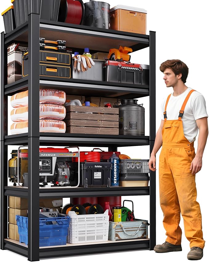 71"H Garage Shelving-5-Tier Heavy Duty Storage Shelves, Adjustable Metal Shelving Unit, Utility Garage Organizer Shelf for Basement, Pantry, Kitchen, Warehouse,13.8"D x 31.5"W x 71.2"H, Black