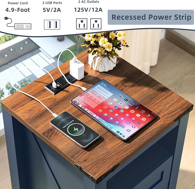 Nightstands Set of 2 with Charging Station, Farmhouse Night Stand with 2 Drawers and Shelf Storage, Wooden Side End Table, Bedside Cabinet for Bedroom, Living Room, Closet,Office (Blue)