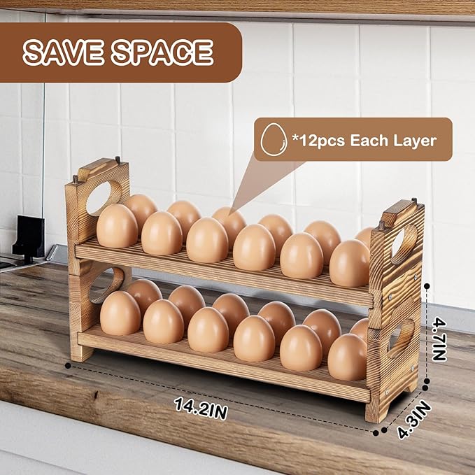 Wooden Egg Holder Countertop, Stackable Wooden Egg Storage & Organizer, 2-Tier /24-Hole Farmhouse Eggs Rack Wood with Handle for Fresh Eggs to Store Chicken/Duck/Quail/Turkey/Easter Egg