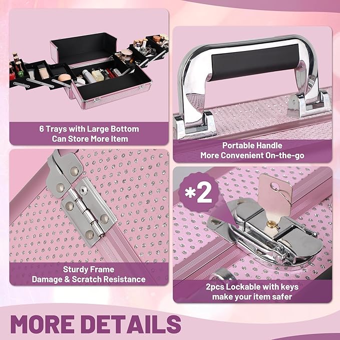 Large Makeup Train Case Cosmetic Organizer Case Makeup Box Portable Make Up Artist Travel Case with 6 Trays Dividers Lockable Hard Train Case Nail Tech Supply Storage - Crystal Pink