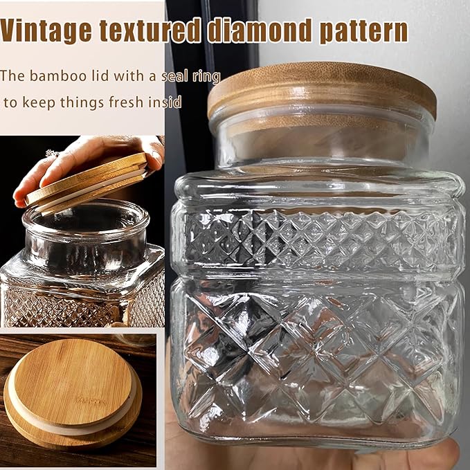Viovian Decorative Glass Jar with Lid and Spoon 38 OZ Square Thick Glass Storage Jars Airtight Lids Clear Vintage Canister Container for Food Candy Cookie Sugar Coffee Tea Nuts Snack Dog Treat