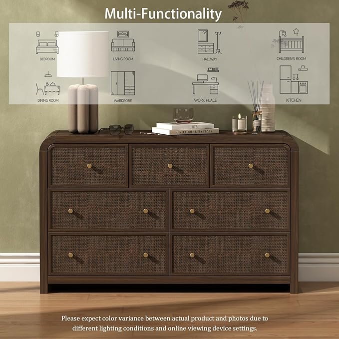 Oak&Sparrow 7 Drawer Dresser for Bedroom, 49'' Rattan Dresser with Ample Storage, Boho Chest of Drawers, Thickened Curved Profile Design, Dark Walnut Dressers for Bedroom, Living Room