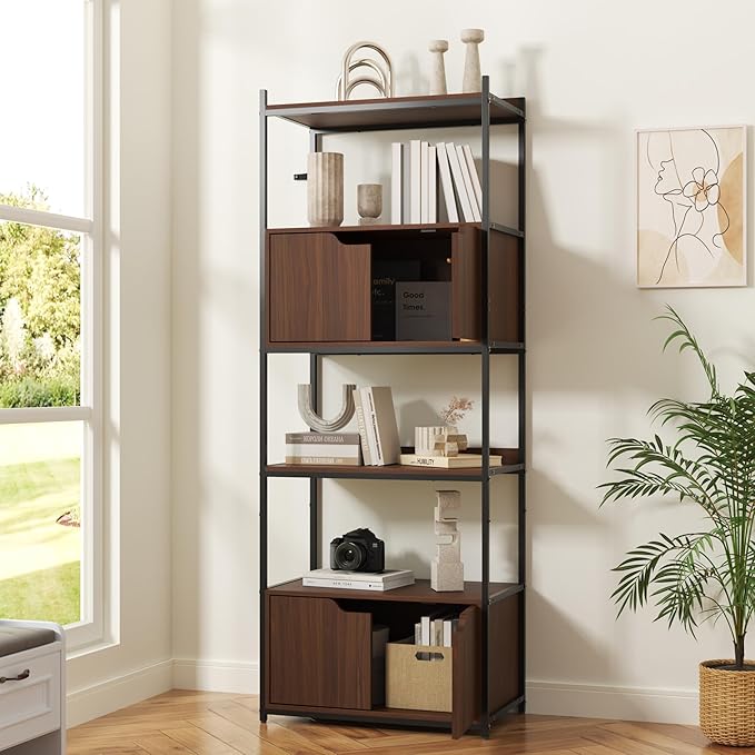 Bookcase with 4 Doors, 63" Tall Bookshelf with Storage Cabinet, 6 Tier Open Bookshelf for Display, Industrial Floor Standing Display Storage Shelves for Home Office, Living Room, Brown