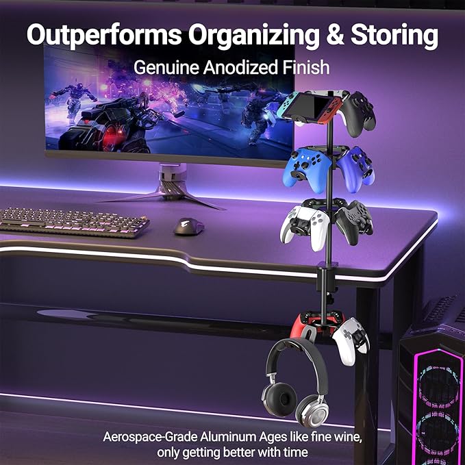 Aluminum Alloy Controller Holder 4 Layers Headphone Stand,Headset Holder & Desk Mounts for 12 Packs Controller，360 Degree Rotation Tier,Gaming Controller Stand for Xbox PS5 PS4 Switch(Black)