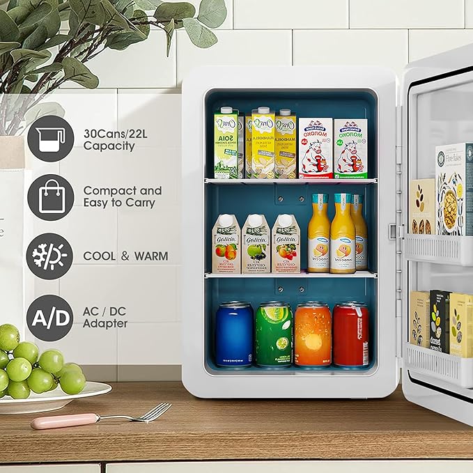 22L/30Cans Mini Fridge for Bedroom, 12v DC Portable Cooler & Warmer, Mini Refrigerator with Glass Front, for Car Office Desk & Dorm Food Beverage Skincare Makeup (Cooling White)