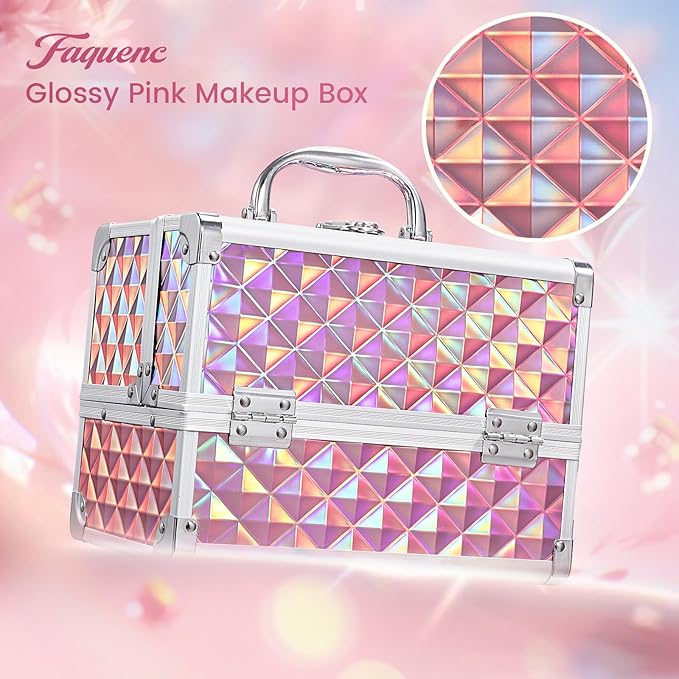 Makeup Case with Lighted Mirror Travel Makeup Organizer Box 2 Trays Lockable Cosmetic Train Case with LED Mirror for Make Up Nail Kits Sewing Vanity Storage Case Glossy Pink