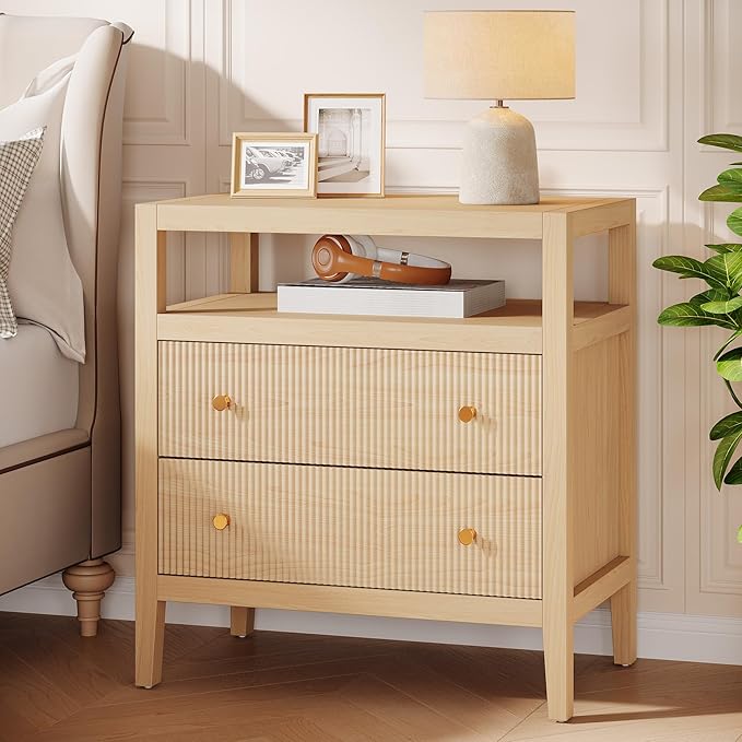 Tribesigns Modern Nightstand, 2-Drawer Nightstand with Open Storage Shelf, 29.52-Inch Wide Bedside Table Large Night Stand for Bedroom, Living Room, Oak (1)