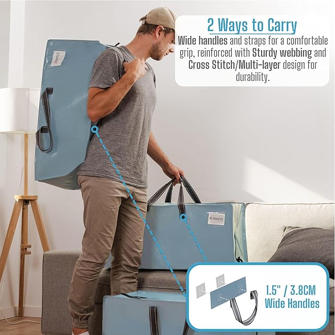 VENO 4 Pack Moving Bags w/Backpack Straps, Heavy Duty, Moving Boxes Alternative, Packing Supplies, Large Storage Totes for Dorm Room Essentials with Zipper for Clothes (Shiny Light Blue, 4 Pack)