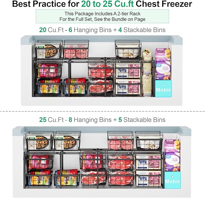 iSPECLE Freezer Organizer - Fits 20 to 25 Cu.Ft Large Chest Freezer, 2 Tier Freezer Rack Divided Freezer into 3 Layers Easy Slide to Access All Food, Black