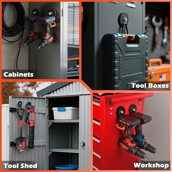 ULIBERMAGNET New Upgraded Heavy Duty Magnetic Garage Hooks,4 Pack Strong Large Magnet Hooks for Power Drill,Garden Tools,Hose,Pegboard,Garage, Workshop,Magnetic Storage Hook for Hanging(Orange)
