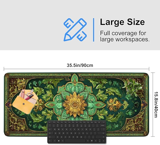 Green Vintage Floral Mouse Pad – Large Extended Desk Mat 35.43 x 15.75 in – Ornate Oriental Carpet Design with Gold & Emerald Motif, Waterproof Surface,Keyboard & Mouse Pad for Office & Home