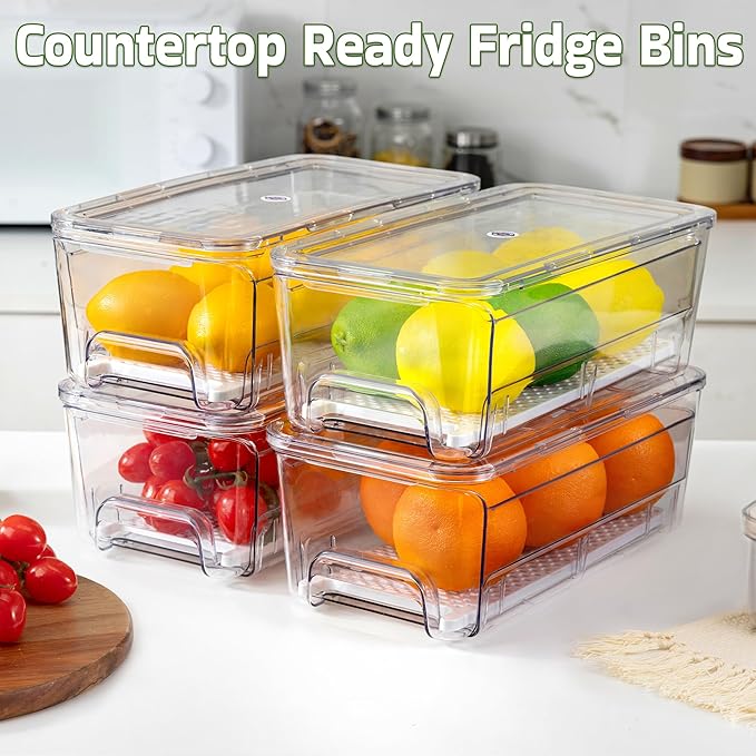 Large Fridge Organizer Drawers, 4 Pack Stackable Fruit and Vegetable Storage Containers, Clear Pull-Out Refrigerator Organizer Bins for Kitchen, Refrigerator, Pantry, Cabinet, Freezer