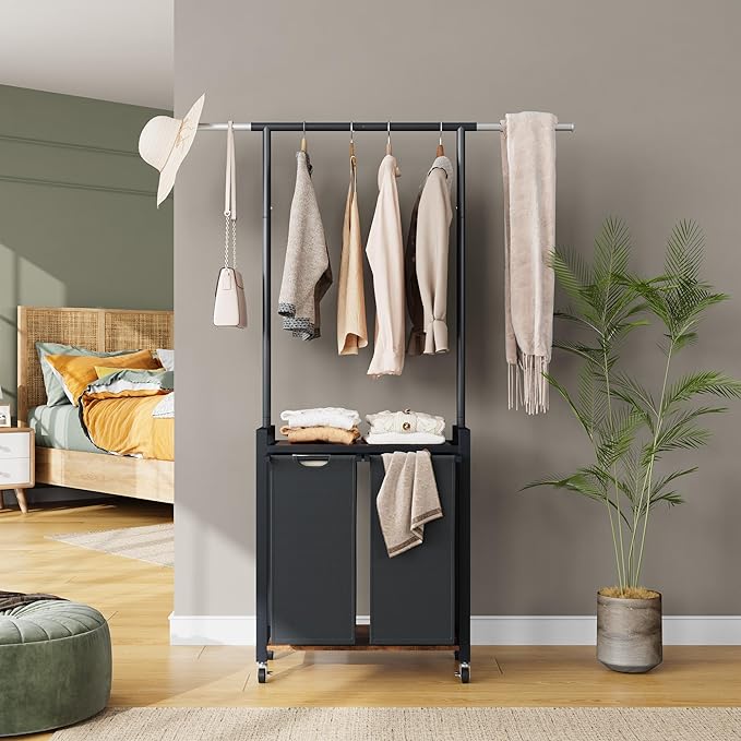GarveeHome Rolling Laundry Cart with Hanging Rack & Utility Shelf | 2-Section Laundry Sorter Hamper with Lockable Wheels | Laundry Basket Organizer for Laundry Room, Bedroom, Bathroom | Black