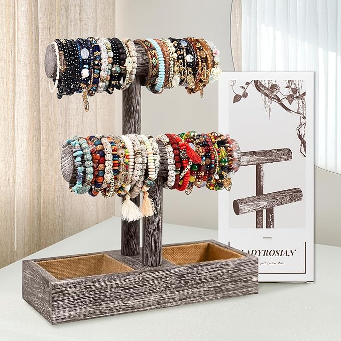 LadyRosian 2 Tier Wooden Display Jewelry Accessory Stand Jewelry Bracelet Holder Bangle Watch Necklace Storage Jewelry Holder Stand Display Organizer, (Antique White-2 layers)