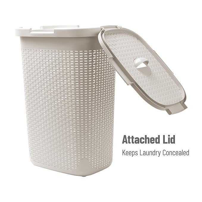 Mind Reader Slim Laundry Hamper with Lid, 60L Clothes Basket, Premium Wicker Design, Plastic, Ivory