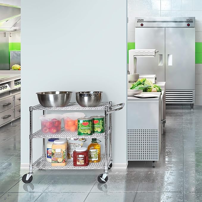 Seville Classics UltraDurable NSF Commercial Heavy Duty Metal Rolling Utility Cart, w/ Steel Shelves, Handle Bar for Restaurant, Garage, Warehouse, Kitchen, Office, Top Shelf (36"W x 18"D)