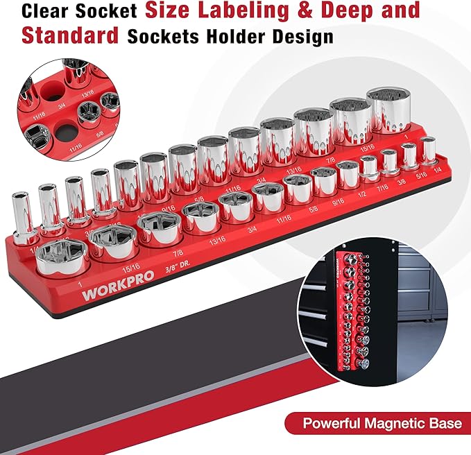 WORKPRO Magnetic Socket Organizer, 3/8-Inch SAE Socket Holder, Socket Trays Holds 26 Pieces Standard Size and Deep Size Sockets(Sockets not Included)