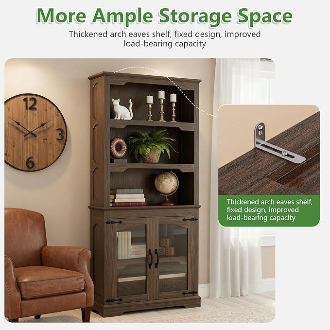 70 Inch Farmhouse Bookcase, Walnut Two-Tone Shelves, 5 Tier Bookshelf with Arched Trim Glass Doors, Living Room Storage Cabinet Unit, 31.5x11.8 Inches (Walnut, Glass Doors Storage)
