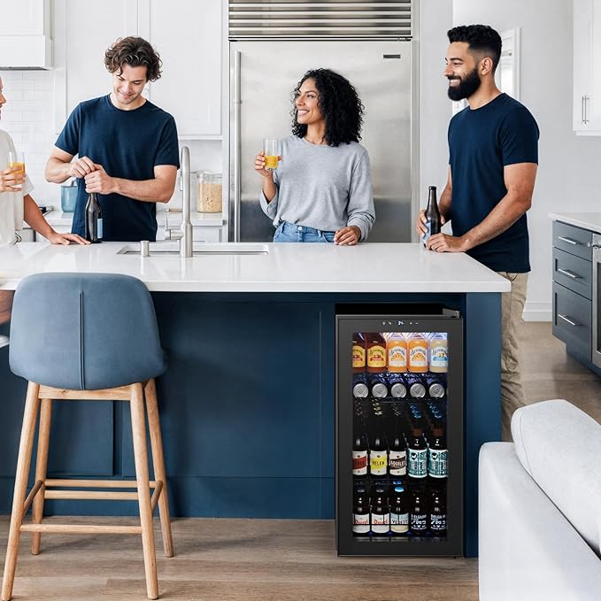 Yeego Beverage Refrigerator Cooler, 105 Cans Drink Fridge with Glass Door for Soda Beer or Wine, Beverage Cooler with 34°F-54°F Digital Temperature Control for Home, Office, Bar (Black)