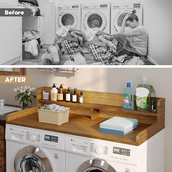 2-Tier Washer Dryer Countertop with 2.75" H Edge Rails, 58" W x 28" D Laundry Countertop for Folding Clothes, Washer and Dryer Topper with Non-Slip Pad (Brown)