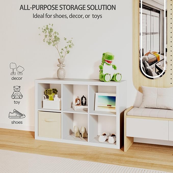 6 Cube Organizer, White Cube Storage Organizer with Fabric Bin, Cube Storage Shelf for Bedroom, Living Room, Office, Modular Bookshelf Organizer for Books, Closet