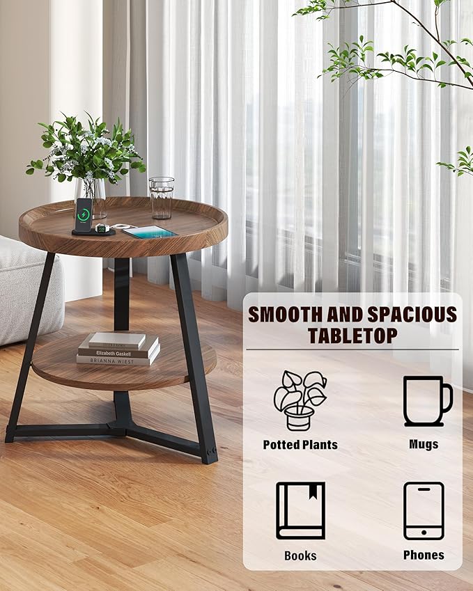 Small Round End Table, 2-Tier Side Table with Storage, Small Round Coffee Table for Living Room, 20'' Living Room Furniture with Sturdy Steel Frame (Brown)
